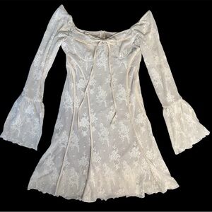 Asymmetrical White Floral Knit Dress with Bell Sleeves